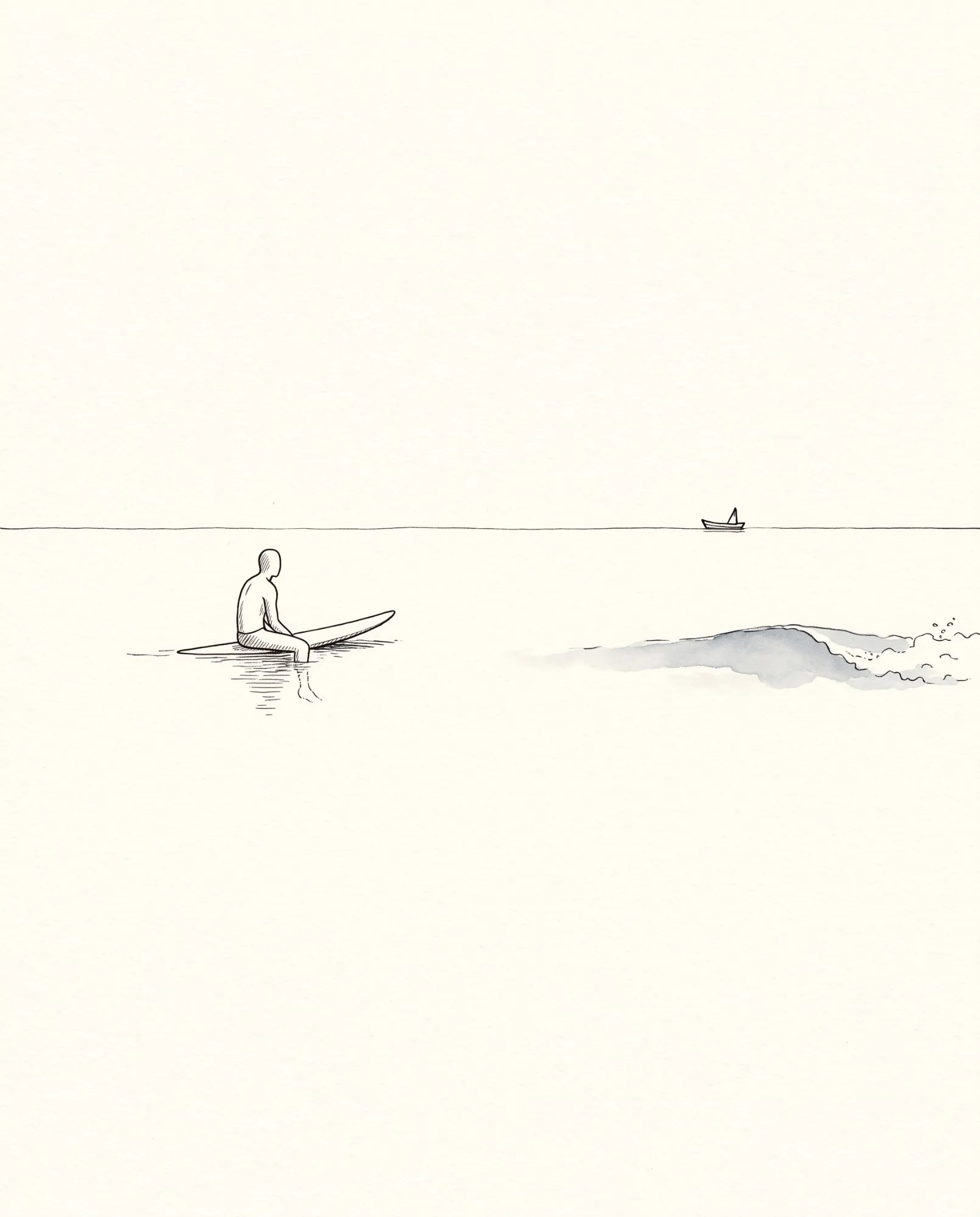 A surfer sits on a longboard, looking toward a wave that has already broken past. A small boat on the horizon.