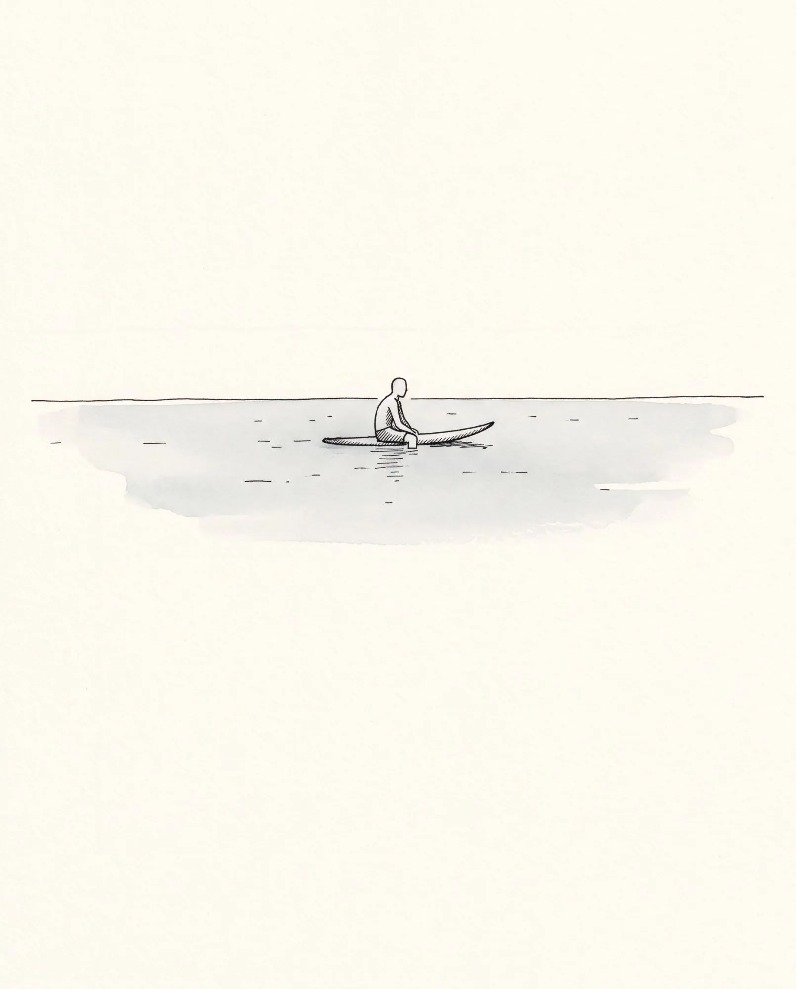 A surfer sits on a board in flat, still water beneath the horizon.