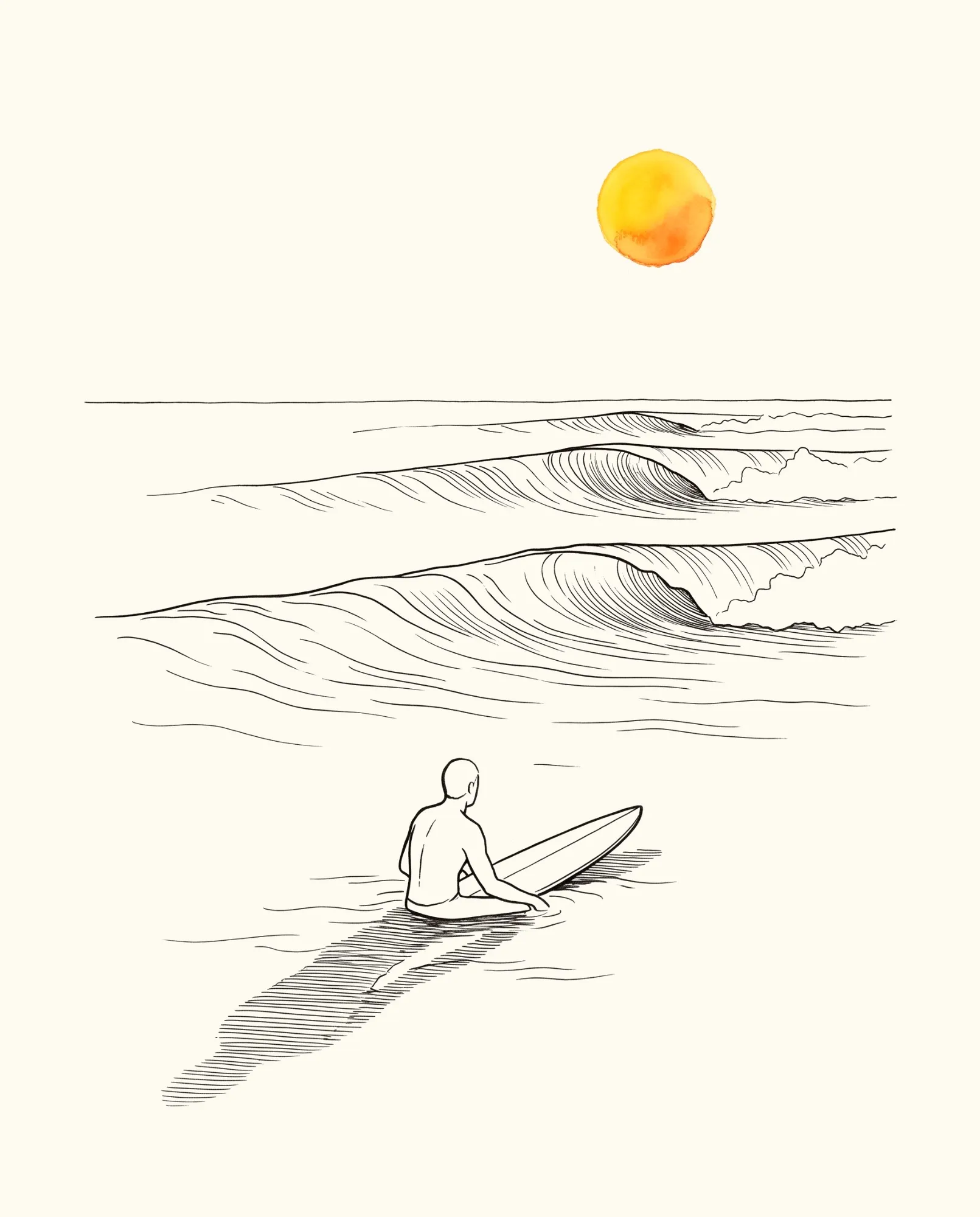 A surfer sits on a board in the foreground, watching three clean waves peel along the horizon beneath a saffron-to-tangerine sun.